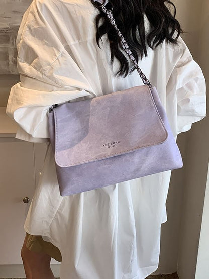 Lettering Chain Strap Flap Faux Leather Tote Bag