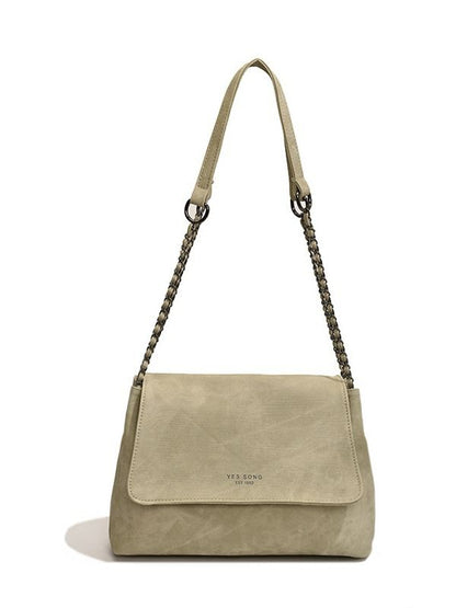 Lettering Chain Strap Flap Faux Leather Tote Bag