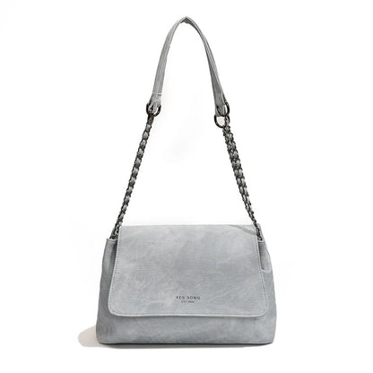 Lettering Chain Strap Flap Faux Leather Tote Bag