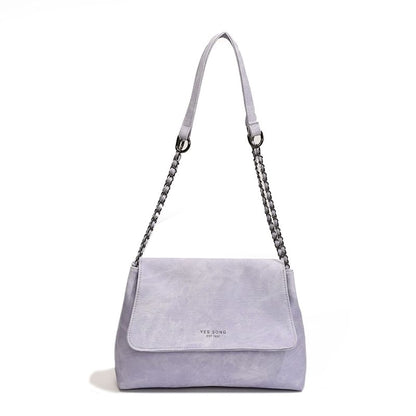 Lettering Chain Strap Flap Faux Leather Tote Bag