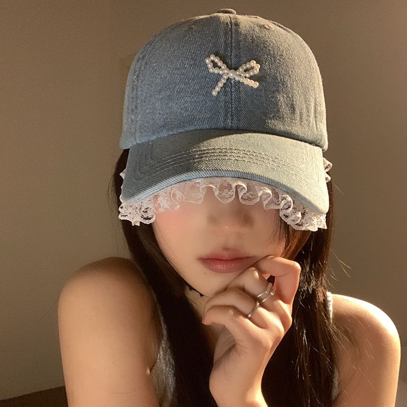 Faux Pearl Beaded Bow Ruffle Denim Baseball Cap