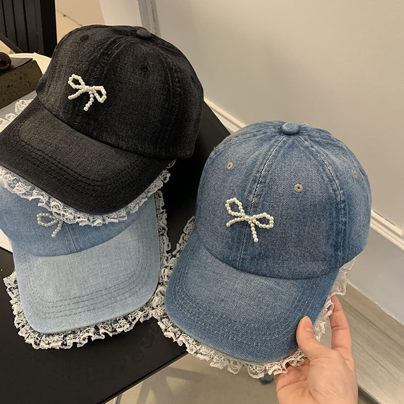 Faux Pearl Beaded Bow Ruffle Denim Baseball Cap