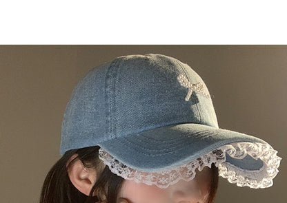 Faux Pearl Beaded Bow Ruffle Denim Baseball Cap