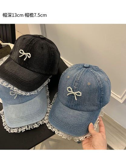 Faux Pearl Beaded Bow Ruffle Denim Baseball Cap