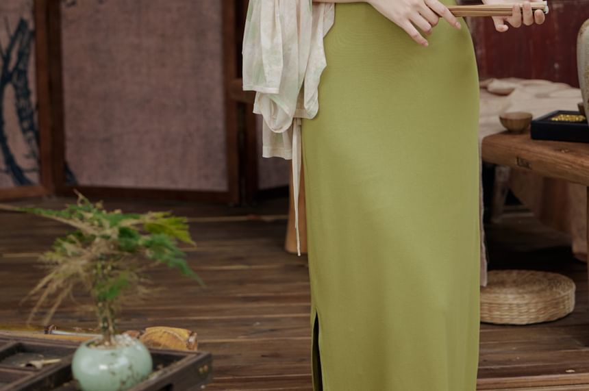 Set: Spaghetti Strap Plain Slit Midi Sheath Dress + Long