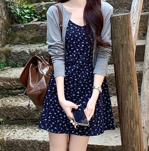 Spaghetti Strap Floral Mini A-Line Dress / Melange Crop Cardigan