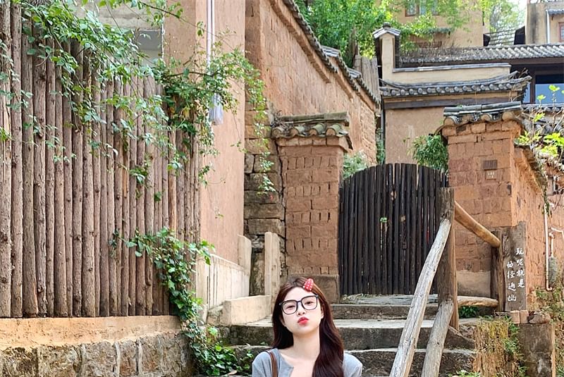 Spaghetti Strap Floral Mini A-Line Dress / Melange Crop Cardigan