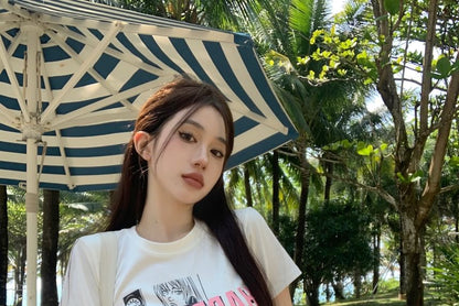 Short-Sleeve Round Neck Cartoon Print Crop Slim Fit T-Shirt