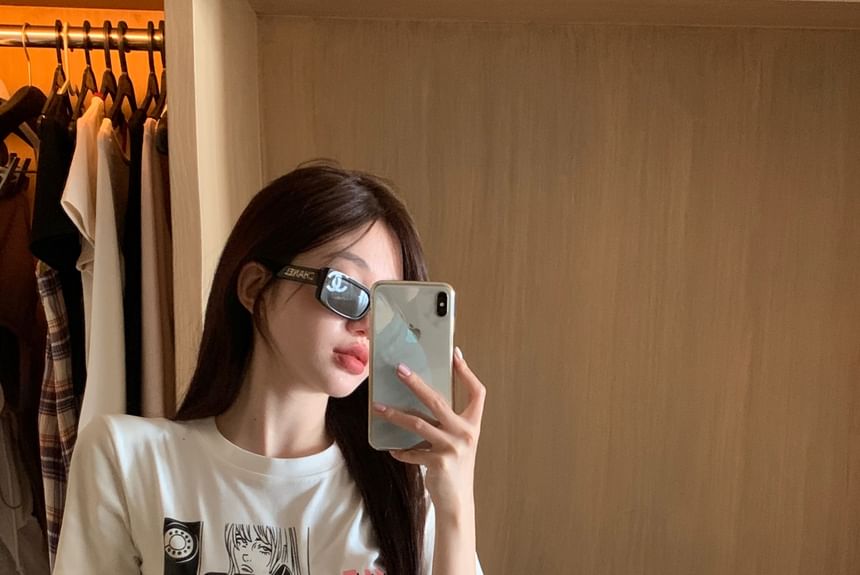 Short-Sleeve Round Neck Cartoon Print Crop Slim Fit T-Shirt