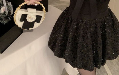 Thin Strap Simple Bow Sequin Mini A-Line Dress