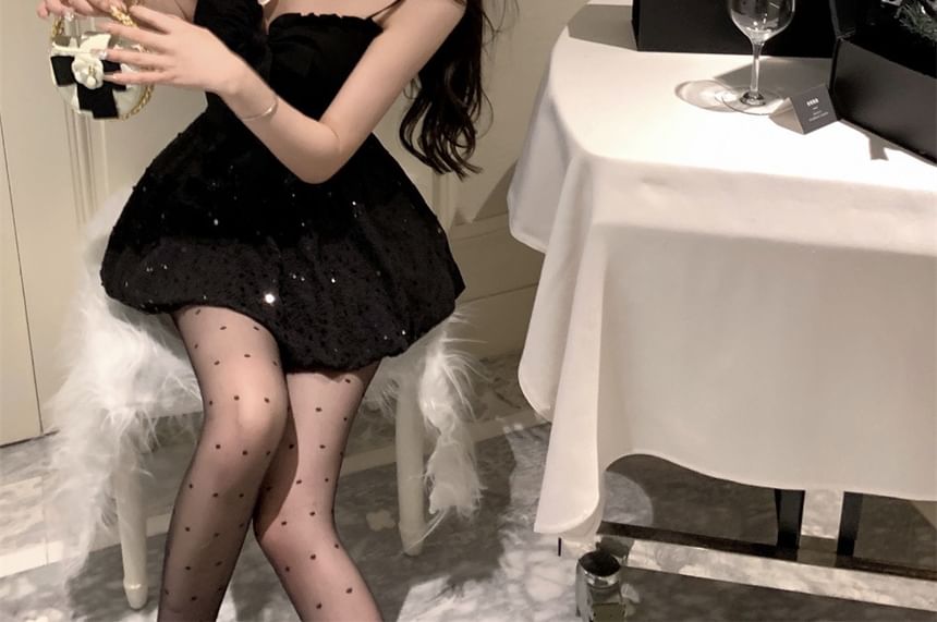 Thin Strap Simple Bow Sequin Mini A-Line Dress