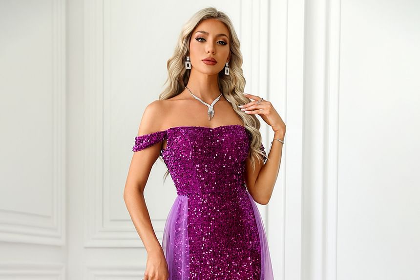 Sequined Mesh Off-Shoulder Evening Mermaid Gown Panel