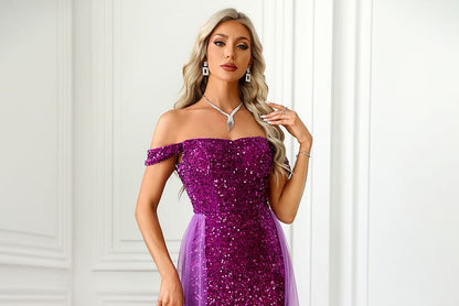 Sequined Mesh Off-Shoulder Evening Mermaid Gown Panel