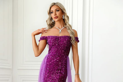 Sequined Mesh Off-Shoulder Evening Mermaid Gown Panel