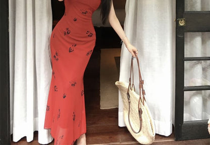 Sleeveless Print Midi Bodycon Dress