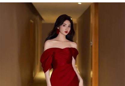 Gown Trumpet Ruched Plain Evening Shoulder Satin Short-Sleeve Off