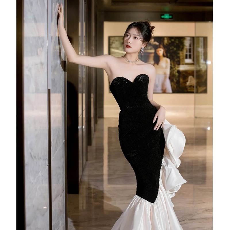 Panel Tone Mermaid Two Gown Tube Evening Ruffle