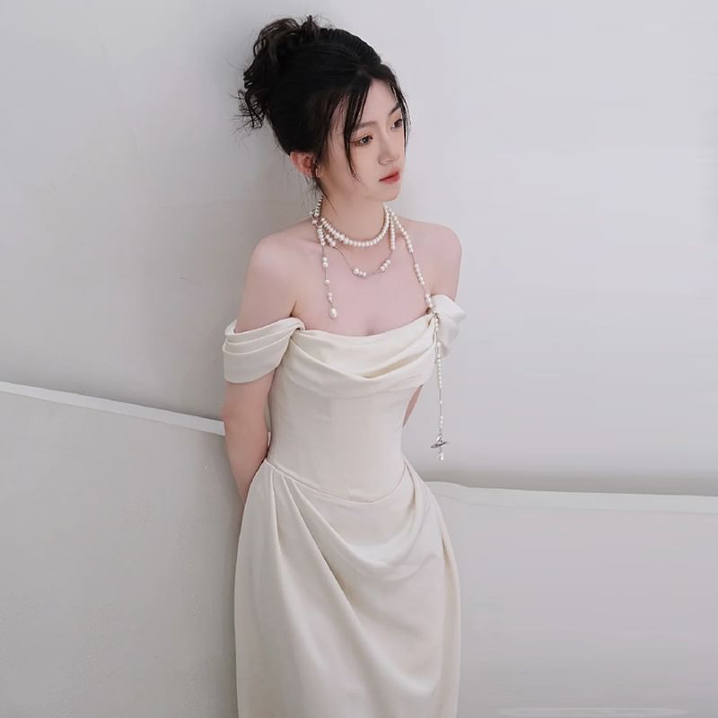 Off Shoulder Plain Ruched Satin A-Line Wedding Gown