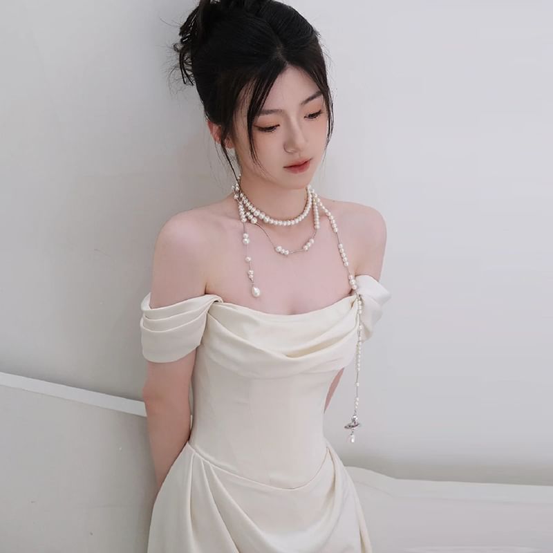 Off Shoulder Plain Ruched Satin A-Line Wedding Gown