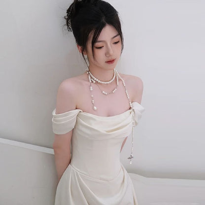 Off Shoulder Plain Ruched Satin A-Line Wedding Gown
