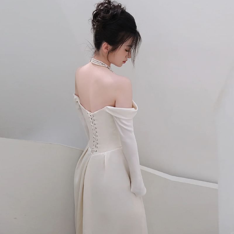 Off Shoulder Plain Ruched Satin A-Line Wedding Gown