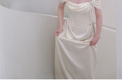 Off Shoulder Plain Ruched Satin A-Line Wedding Gown