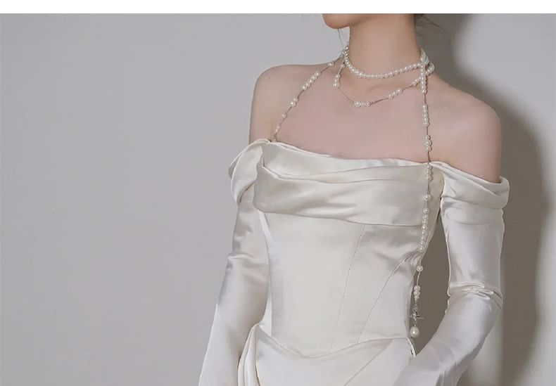 Shoulder Gown Plain Satin Off Wedding A-Line Ruched