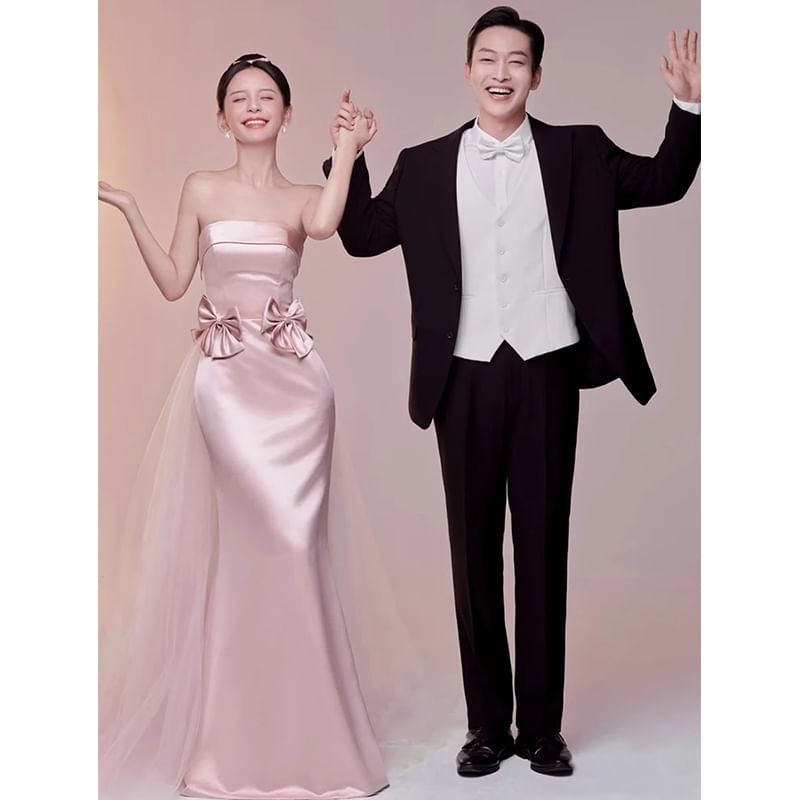 Mesh Evening Gown Bow Tube Panel Trumpet Plain