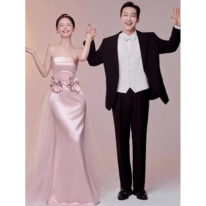 Mesh Evening Gown Bow Tube Panel Trumpet Plain