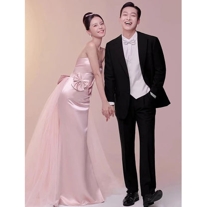 Mesh Evening Gown Bow Tube Panel Trumpet Plain