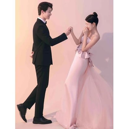 Mesh Evening Gown Bow Tube Panel Trumpet Plain