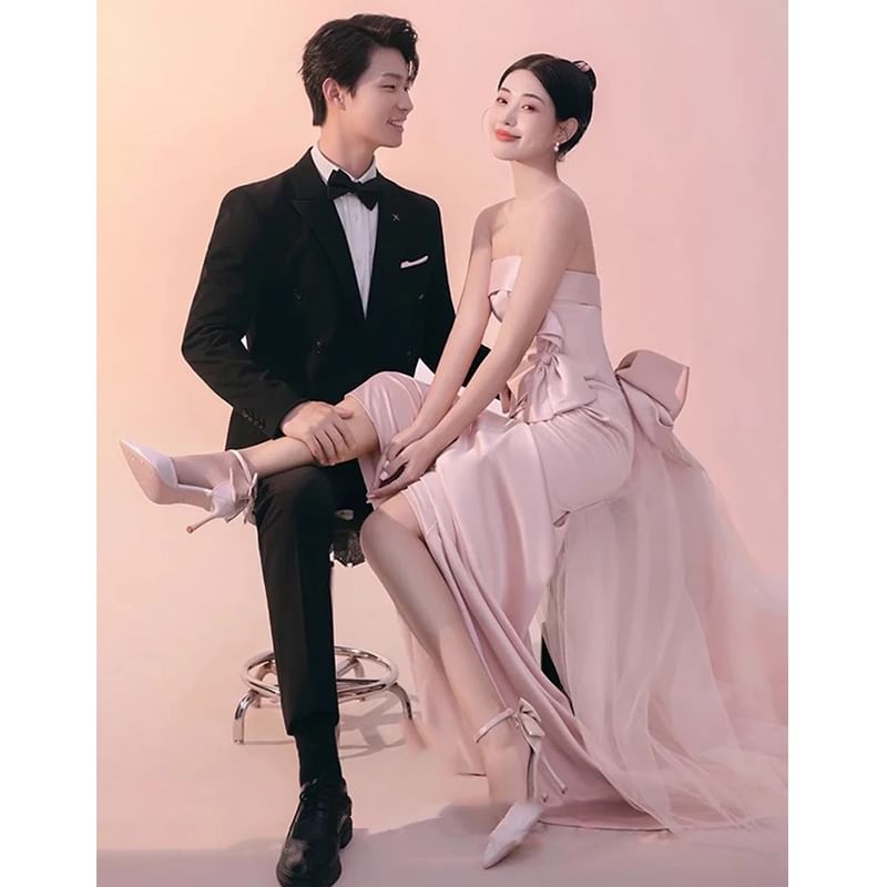 Mesh Evening Gown Bow Tube Panel Trumpet Plain