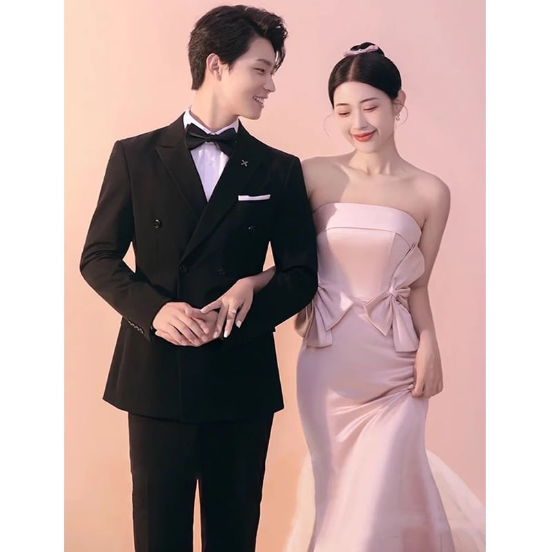 Mesh Evening Gown Bow Tube Panel Trumpet Plain