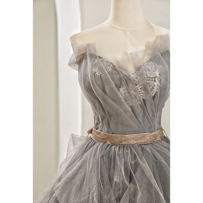 Gown Lace Ruched A-Line Tube Mesh Panel Evening