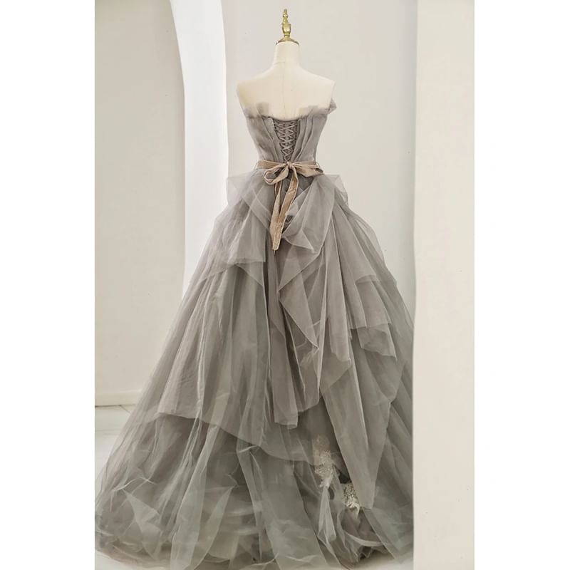 Gown Lace Ruched A-Line Tube Mesh Panel Evening