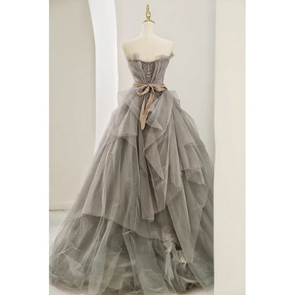 Gown Lace Ruched A-Line Tube Mesh Panel Evening