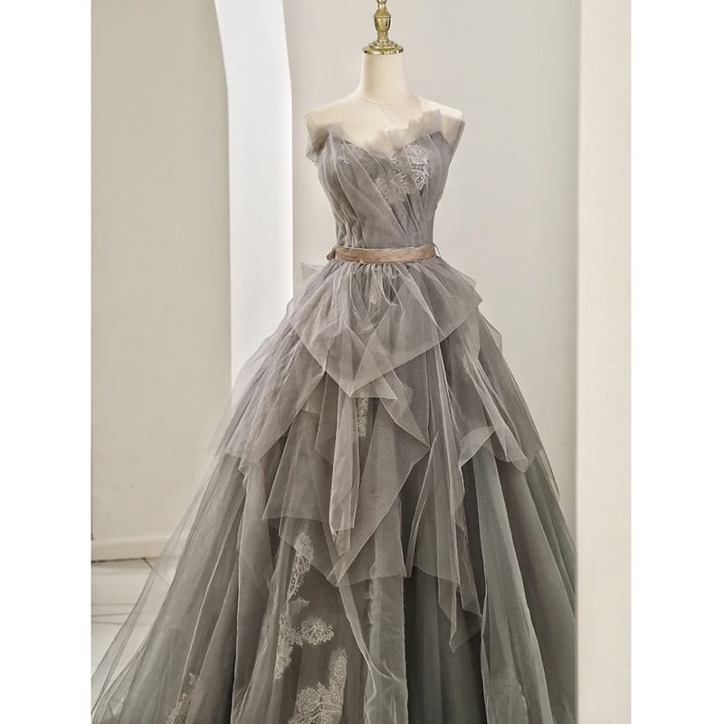 Gown Lace Ruched A-Line Tube Mesh Panel Evening