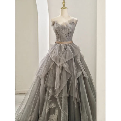 Gown Lace Ruched A-Line Tube Mesh Panel Evening