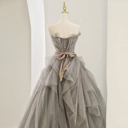 Gown Lace Ruched A-Line Tube Mesh Panel Evening