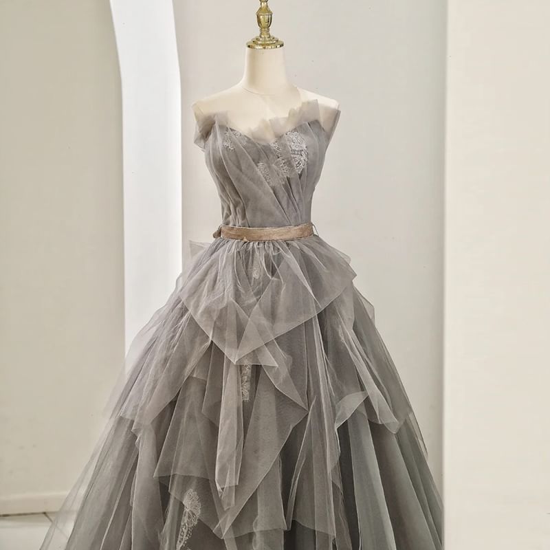 Gown Lace Ruched A-Line Tube Mesh Panel Evening