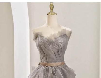 Gown Lace Ruched A-Line Tube Mesh Panel Evening