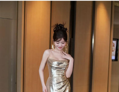 Plain Ruched Spaghetti Gown Evening Trumpet Metallic Sequin Strap