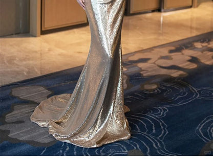 Plain Ruched Spaghetti Gown Evening Trumpet Metallic Sequin Strap