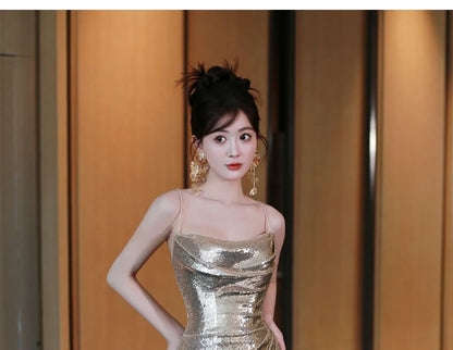 Plain Ruched Spaghetti Gown Evening Trumpet Metallic Sequin Strap