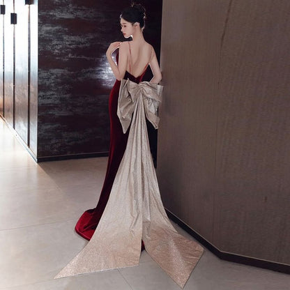 Evening Velvet Gown Bow Strap V-Neck Spaghetti Trumpet