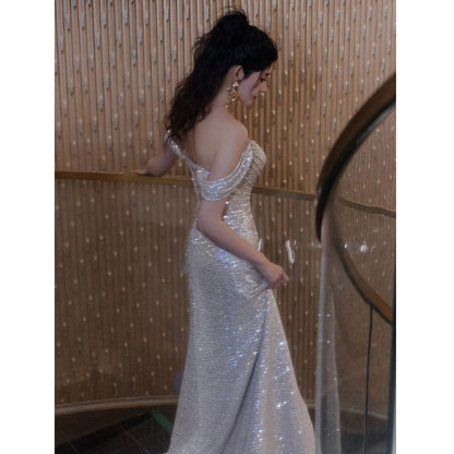 Sleeveless Off Shoulder Plain Sequin Ruched Slit Sheath Evening Gown
