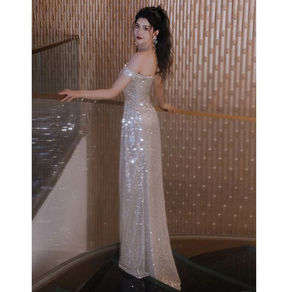 Gown Plain Shoulder Slit Sheath Evening Sleeveless Off Ruched Sequin