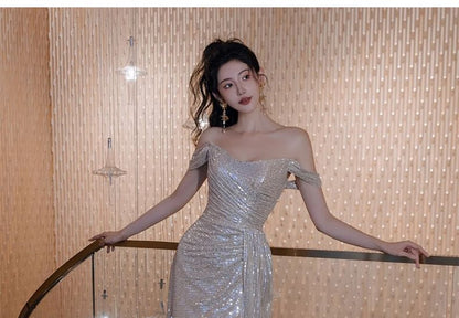Sleeveless Off Shoulder Plain Sequin Ruched Slit Sheath Evening Gown