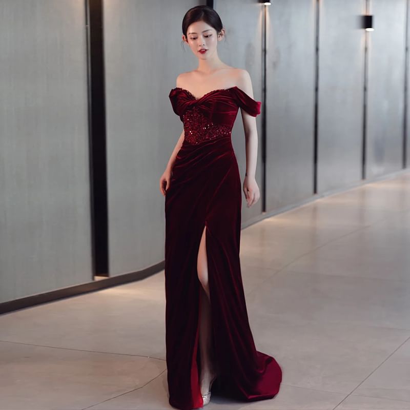 Velvet Gown Off Panel Slit Sheath Sleeveless Sequin Evening Ruched Shoulder Plain