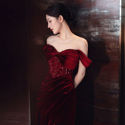 Sleeveless Off Shoulder Plain Sequin Ruched Slit Panel Velvet Sheath Evening Gown